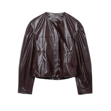 Round neck long sleeved faux leather pilot jacket