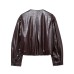 Round neck long sleeved faux leather pilot jacket