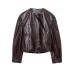 Round neck long sleeved faux leather pilot jacket