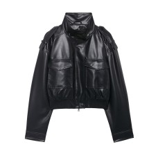 Stand collar faux leather strap jacket for women's wear