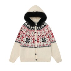 Jacquard fur collar hooded knitted jacket
