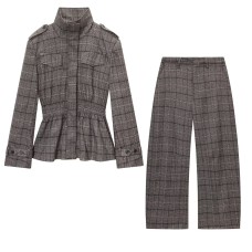 Grid patterned lotus leaf hem jacket+balloon version pants