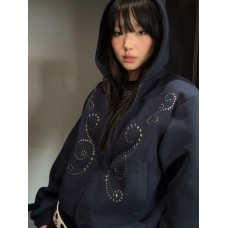 Retro Heavy-Duty Stud Short Hoodie Jacket for Women, Fleece-Lined Thick Loose Zip-Up Top