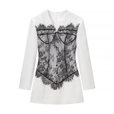 Lace Spliced Casual A-line Long Sleeve Dress