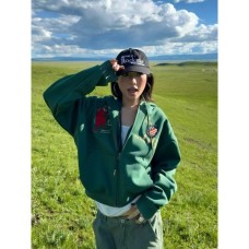 Green Hooded Sweatshirt Jacket for Women, Short Length, Loose Fit, Zipper Front Green Hooded Sweatshirt Jacket for Women, Short Length, Loose Fit, Zipper Front