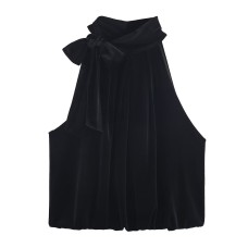 New Women's Clothing Bow Decorated Velvet Balloon Sleeve Top