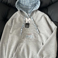 Chic Letter Embroidery Bow Hoodie with Lace Trim Patchwork