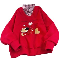 Casual Women's Faux Two-Piece Patchwork Red Plaid Polo Neck Youthful Red Towel