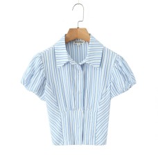 Striped bubble sleeve lapel top