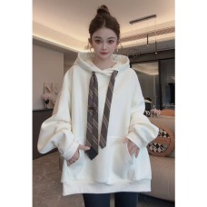 Simple Solid Color Retro Neck Tie Hoodie for Women, Loose Casual Sweatshirt with Hood