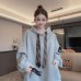 Simple Solid Color Retro Neck Tie Hoodie for Women, Loose Casual Sweatshirt with Hood