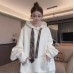 Simple Solid Color Retro Neck Tie Hoodie for Women, Loose Casual Sweatshirt with Hood