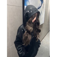 Style Silver Thread Star Embroidery Hooded White Sweatshirt for Women