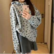 Retro Small Floral Hooded Zip-Up Sweatshirt Loose Casual Jacket
