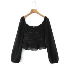 Hot girl long sleeved chiffon ruffle hem off shoulder top