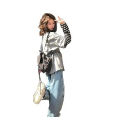 Retro Cat Print Gray Short Sleeve Stripe Long Sleeve Spliced Mock Two-Piece Top