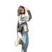 Retro Cat Print Gray Short Sleeve Stripe Long Sleeve Spliced Mock Two-Piece Top