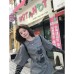 Retro Cat Print Gray Short Sleeve Stripe Long Sleeve Spliced Mock Two-Piece Top