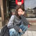 Retro Cat Print Gray Short Sleeve Stripe Long Sleeve Spliced Mock Two-Piece Top