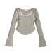 Lace neck hanging curved hem long sleeved top