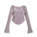 Lace neck hanging curved hem long sleeved top