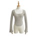 Lace neck hanging curved hem long sleeved top