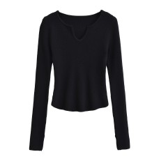 Stand collar opening slim fit long sleeved top