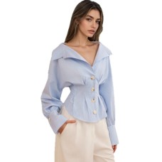 Collar pleated waist striped long sleeved top