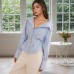 Collar pleated waist striped long sleeved top