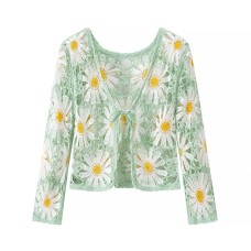 Sweet V-Neck Floral Cut-Out Tie-Detail Crochet Knit Top for Women