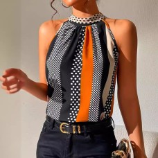 Fashionable Style Printed Off-Shoulder Stand-Up Collar Halter Top Fashionable Style Printed Off-Shoulder Stand-Up Collar Halter Top