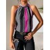 Fashionable Style Printed Off-Shoulder Stand-Up Collar Halter Top