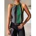 Fashionable Style Printed Off-Shoulder Stand-Up Collar Halter Top