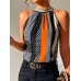 Fashionable Style Printed Off-Shoulder Stand-Up Collar Halter Top