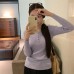 Half-Open Collar Buttoned Regular Shoulder Slim-Fitting Long Sleeve Inner Knit Top