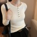 Half-Open Collar Buttoned Regular Shoulder Slim-Fitting Long Sleeve Inner Knit Top