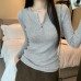 Half-Open Collar Buttoned Regular Shoulder Slim-Fitting Long Sleeve Inner Knit Top