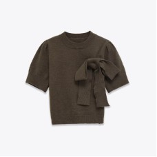 Round neck versatile bow tie short sleeved knitted top