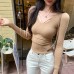 Pink U-Neck Slim Fit Knit Top for Women, Long Sleeve Casual Inner Wear