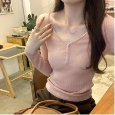 V-Neck Slim-Fitting Knit Top for Women, Pink, Long Sleeve Inner Wear V-Neck Slim-Fitting Knit Top for Women, Pink, Long Sleeve Inner Wear