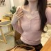 V-Neck Slim-Fitting Knit Top for Women, Pink, Long Sleeve Inner Wear
