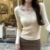 V-Neck Slim-Fitting Knit Top for Women, Pink, Long Sleeve Inner Wear