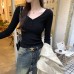 V-Neck Slim-Fitting Knit Top for Women, Pink, Long Sleeve Inner Wear