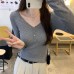 V-Neck Slim-Fitting Knit Top for Women, Pink, Long Sleeve Inner Wear