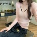 Pink V-Neck Ribbed Long Sleeve Knit Top for Women, Slim Fit, Inner Wear