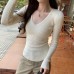 Pink V-Neck Ribbed Long Sleeve Knit Top for Women, Slim Fit, Inner Wear