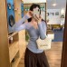 Pink V-Neck Ribbed Long Sleeve Knit Top for Women, Slim Fit, Inner Wear
