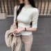 Chic Lady Half-High Neck Slim-Fit Mid-Sleeve Knit Top for Women, Fitted Five-Quarter Sleeve Upper Wear