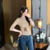 Chic Lady Half-High Neck Slim-Fit Mid-Sleeve Knit Top for Women, Fitted Five-Quarter Sleeve Upper Wear