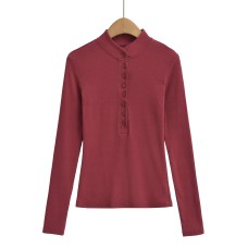 Half open collar single row buckle slim fit long sleeved top